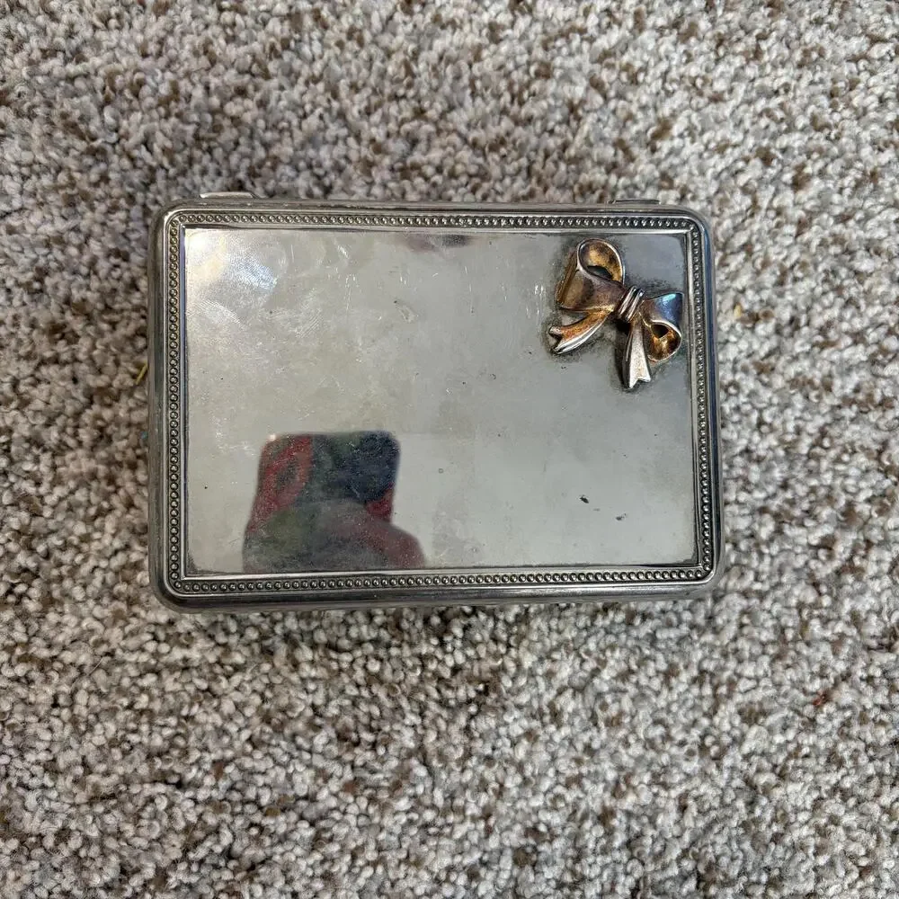 Vintage Silver-Plated Jewelry Box Gold Tone Bow, Blue Felt Interior with Mirror